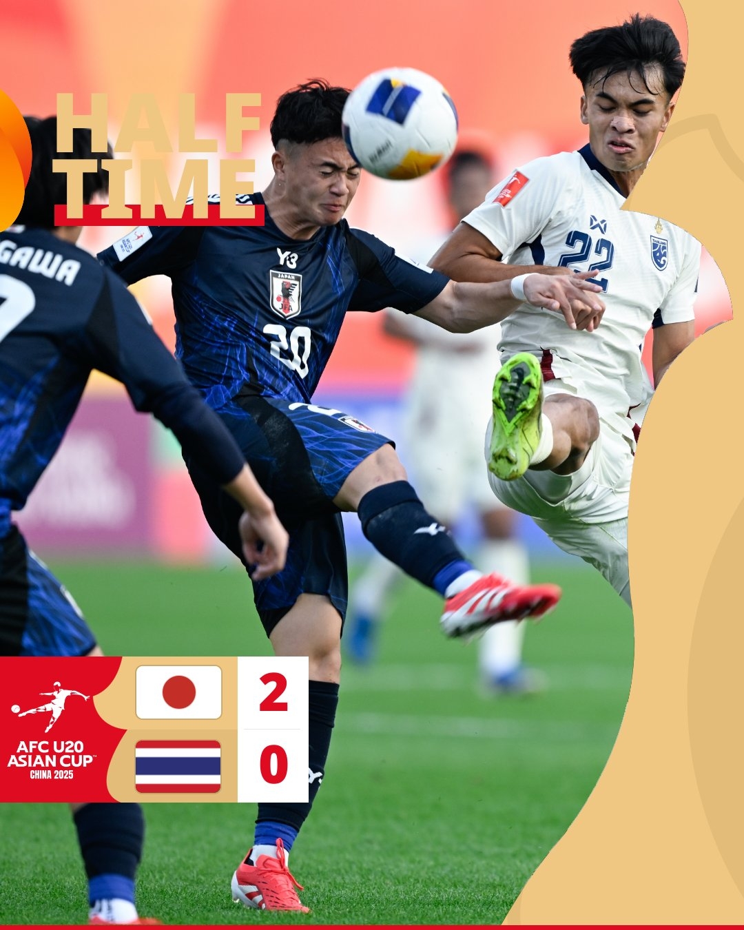  半場-日本U20 2-0領(lǐng)先泰國U20，石井久繼破門+中柱 泰國0射正