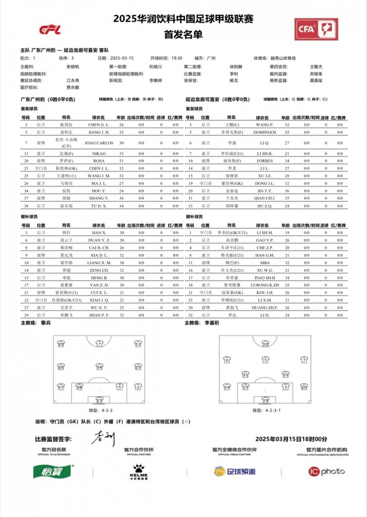  廣州豹vs延邊龍鼎首發(fā)：卡洛斯、羅薩、尼康三外援領(lǐng)銜廣州豹