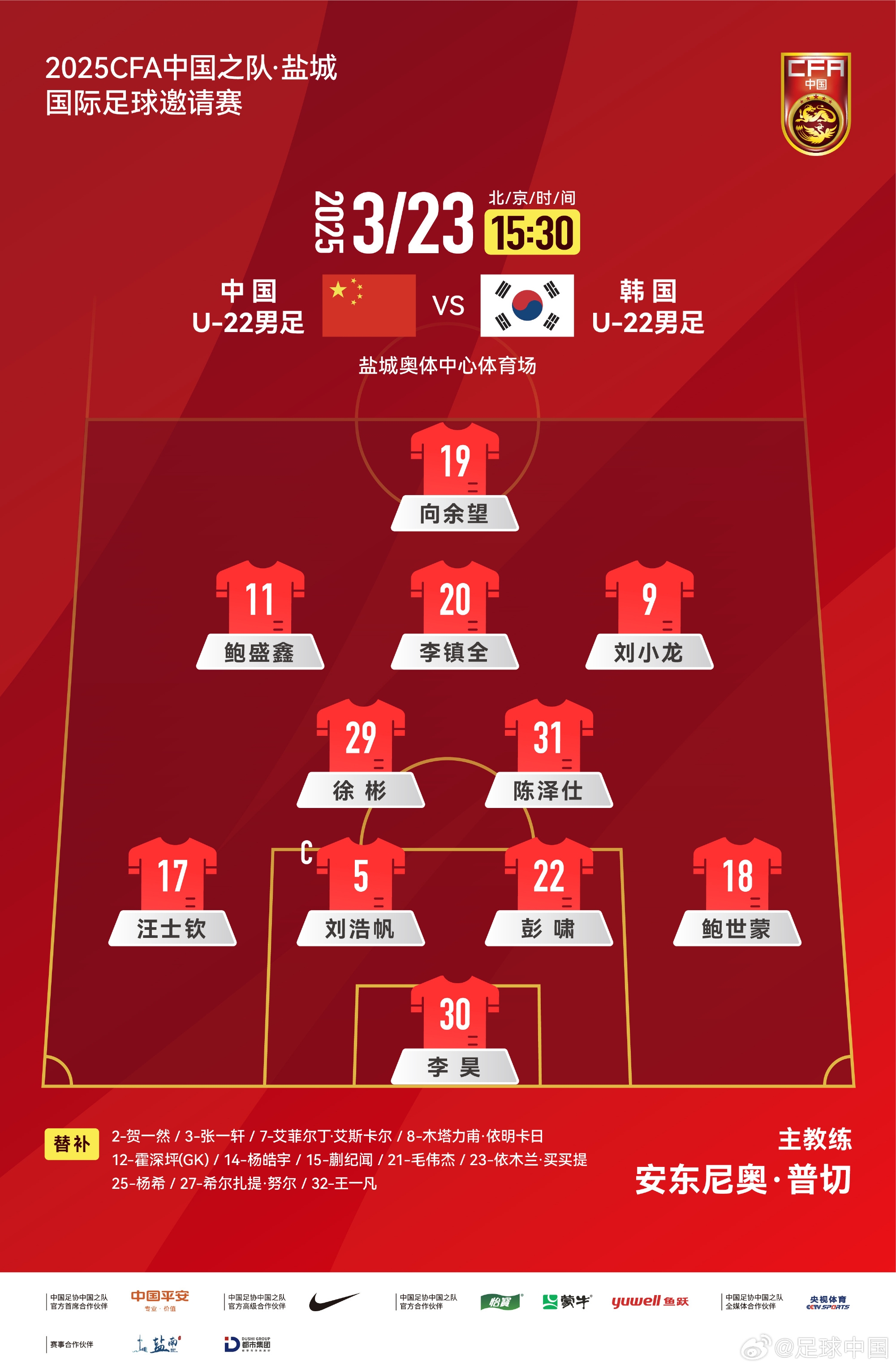  鹽城四國賽，中國U-22男足對陣韓國U-22男足，中國隊首發(fā)陣容