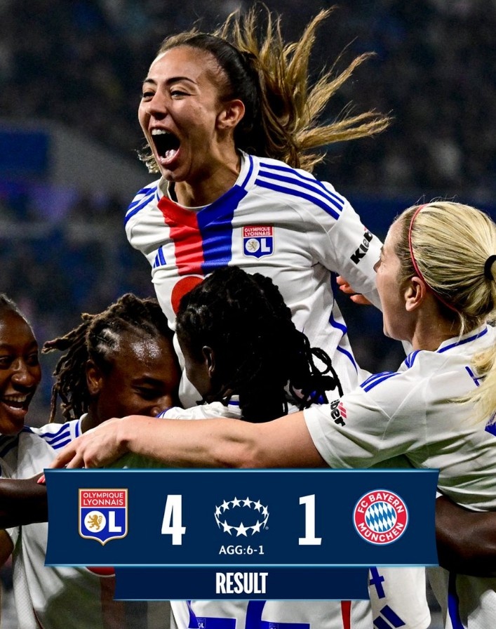  里昂女足4-1大勝拜仁女足，總比分6-1晉級女足歐冠半決賽